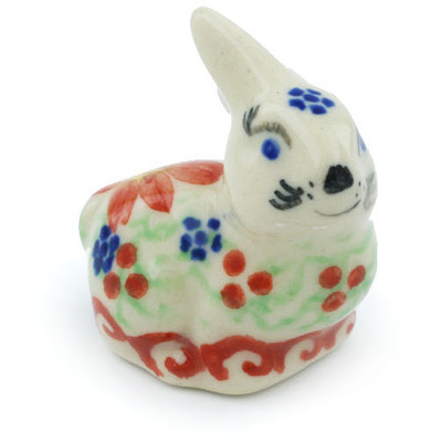 Polish Pottery Bunny Figurine 1&quot; Poinsettia UNIKAT