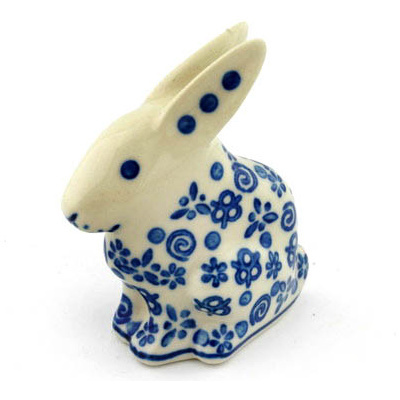 Polish Pottery Bunny Figurine 3&quot; Blue Confetti