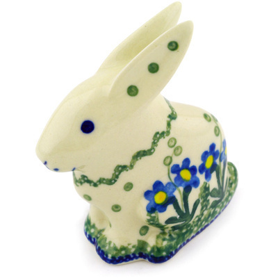 Polish Pottery Bunny Figurine 3&quot; Blue Daisy Circle