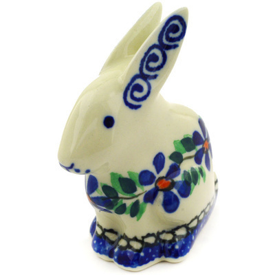 Polish Pottery Bunny Figurine 3&quot; Blue Daisy Swirls
