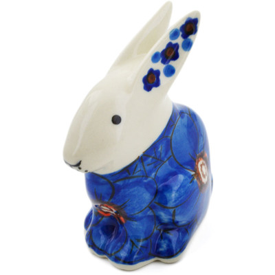Polish Pottery Bunny Figurine 3&quot; Blue Poppies UNIKAT