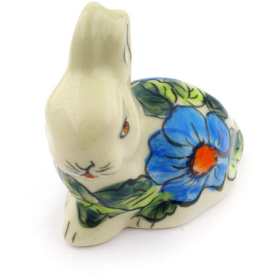 Polish Pottery Bunny Figurine 3&quot; Bold Blue Poppies UNIKAT