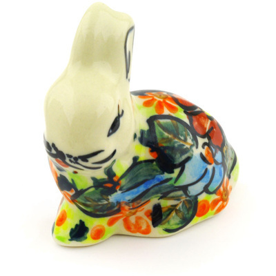 Polish Pottery Bunny Figurine 3&quot; Bold Poppies UNIKAT