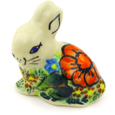 Polish Pottery Bunny Figurine 3&quot; Bold Red Poppies UNIKAT