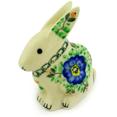 Polish Pottery Bunny Figurine 3&quot; Cobalt Poppies UNIKAT