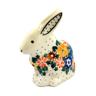 Polish Pottery Bunny Figurine 3&quot; Pansy Wreath UNIKAT