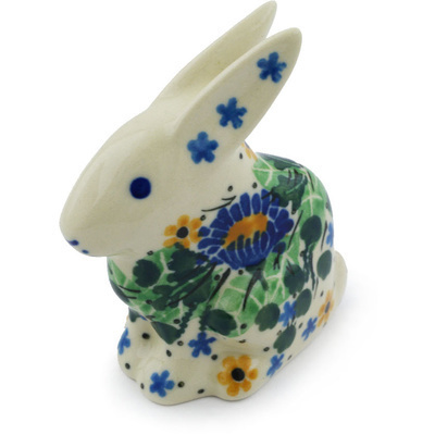Polish Pottery Bunny Figurine 3&quot; Peeking Flowers UNIKAT