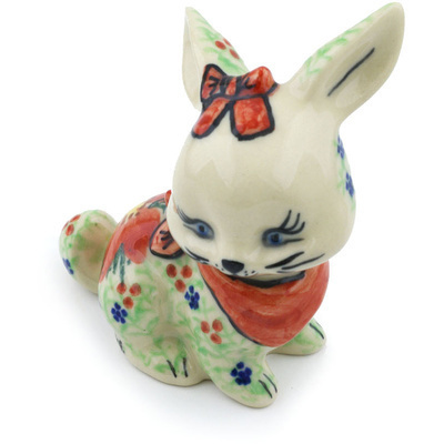 Polish Pottery Bunny Figurine 3&quot; Poinsettia UNIKAT