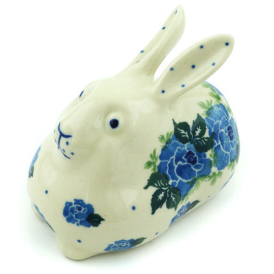 Polish Pottery Bunny Figurine 4&quot; Blue Rose