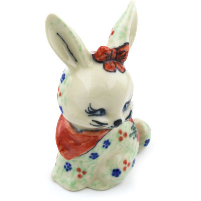 Polish Pottery Bunny Figurine 4&quot; Poinsettia UNIKAT