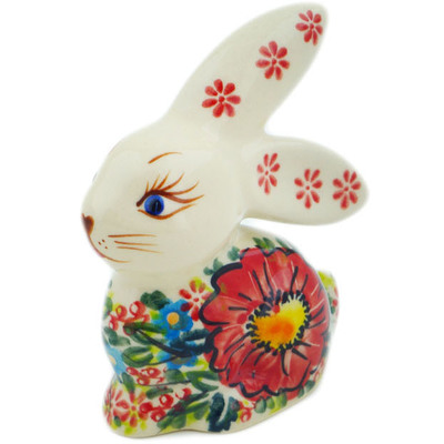 Polish Pottery Bunny Figurine 4&quot; Red Hibiscus UNIKAT
