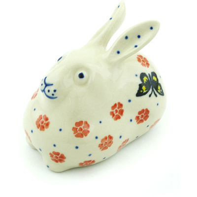Polish Pottery Bunny Figurine 4&quot; Yellow Butterfly