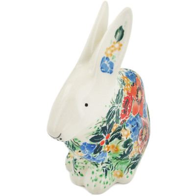 Polish Pottery Bunny Figurine 5&quot; Blue Daisy Bouquet UNIKAT