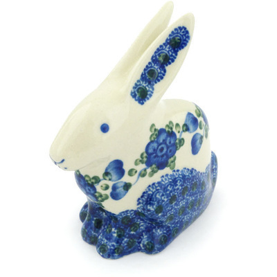 Polish Pottery Bunny Figurine 5&quot; Blue Poppies