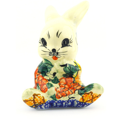 Polish Pottery Bunny Figurine 5&quot; Colorful Bouquet UNIKAT