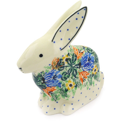 Polish Pottery Bunny Figurine 5&quot; Dotted Floral Wreath UNIKAT