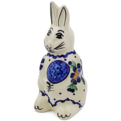 Polish Pottery Bunny Figurine 5&quot; Orange And Blue Flower