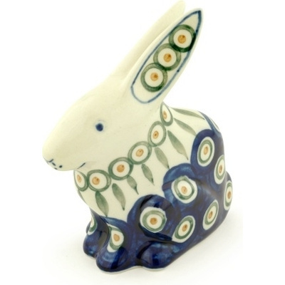 Polish Pottery Bunny Figurine 5&quot; Peacock Leaves