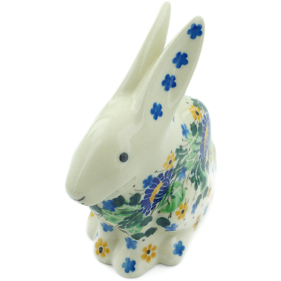 Polish Pottery Bunny Figurine 5&quot; Peeking Flowers UNIKAT