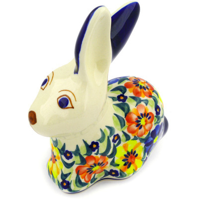 Polish Pottery Bunny Figurine 6&quot; Primary Poppies UNIKAT