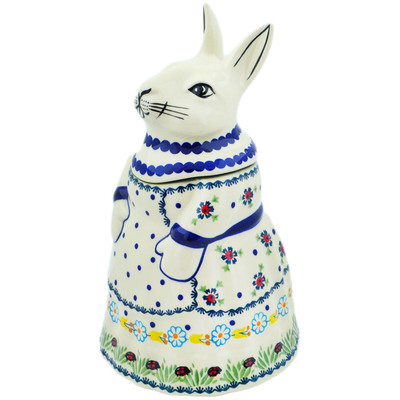 Polish Pottery Bunny Shaped Jar 11&quot; Flowers And Ladybugs