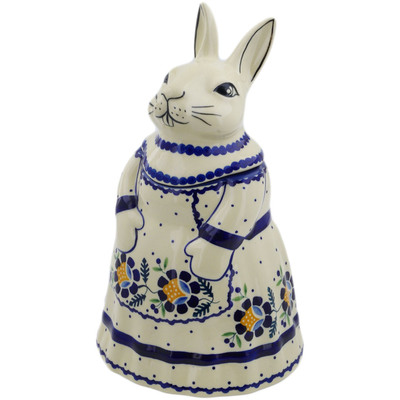 Polish Pottery Bunny Shaped Jar 11&quot; Orange And Blue Flower