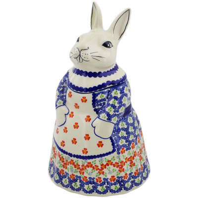 Polish Pottery Bunny Shaped Jar 11&quot; Red Chains UNIKAT