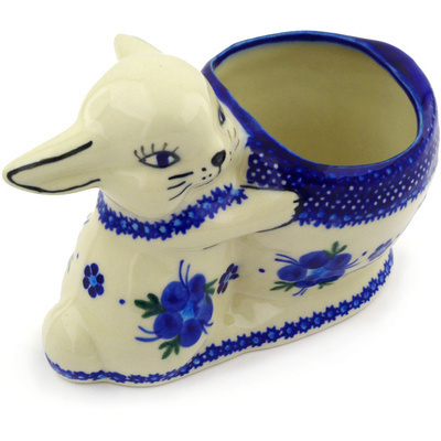 Polish Pottery Bunny Shaped Jar 5&quot; Bleu-belle Fleur
