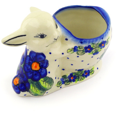 Polish Pottery Bunny Shaped Jar 5&quot; Bold Blue Pansy