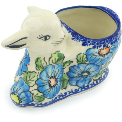 Polish Pottery Bunny Shaped Jar 5&quot; Bold Blue Poppies UNIKAT