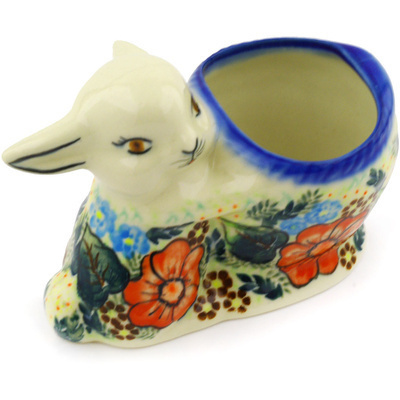 Polish Pottery Bunny Shaped Jar 5&quot; Bold Red Poppies UNIKAT