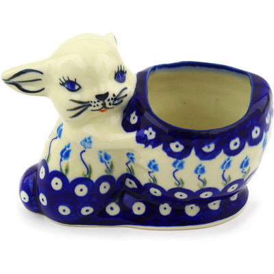 Polish Pottery Bunny Shaped Jar 5&quot; Peacock Tulip Garden