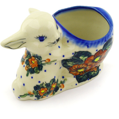 Polish Pottery Bunny Shaped Jar 5&quot; Red Bouquet