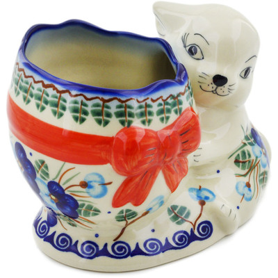 Polish Pottery Bunny Shaped Jar 6&quot; Blue Pansy