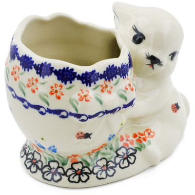 Polish Pottery Bunny Shaped Jar 6&quot; Fanciful Ladybug