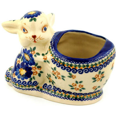 Polish Pottery Bunny Shaped Jar 7&quot; Flooding Blues UNIKAT