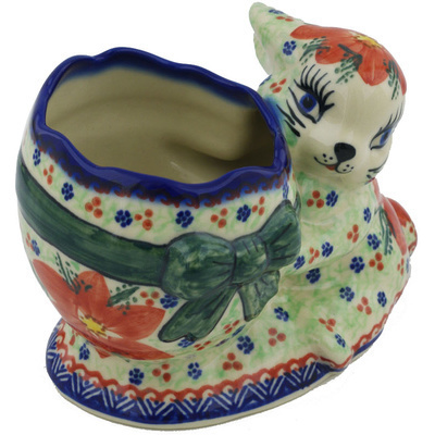 Polish Pottery Bunny Shaped Jar 7&quot; Poinsettia UNIKAT