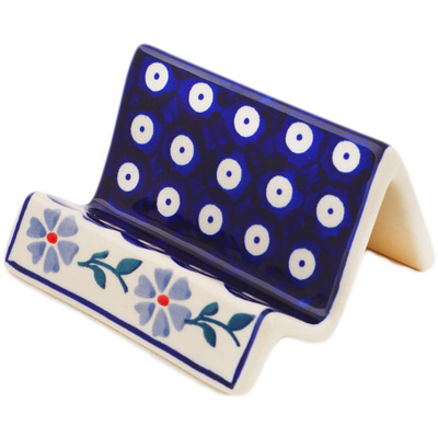 Polish Pottery Business Card Holder 4&quot; Peacock Forget-me-not