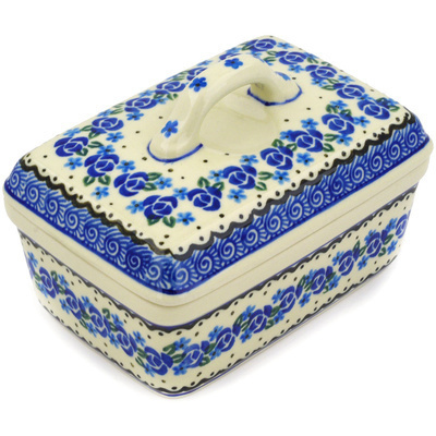 Polish Pottery Butter box Blue Bud Sea