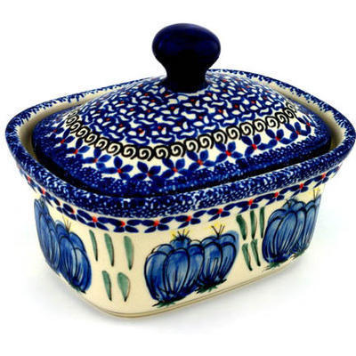 Polish Pottery Butter box Blue Bulbs