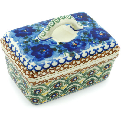 Polish Pottery Butter box Blue Poppy Circle UNIKAT