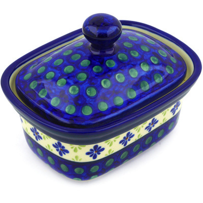 Polish Pottery Butter box Green Gingham Peacock