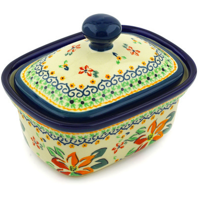 Polish Pottery Butter box Orange Clematis