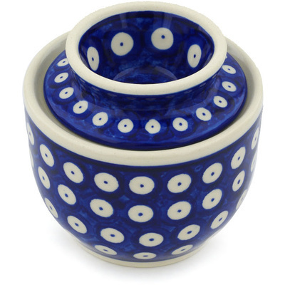 Polish Pottery Butter Dish 4&quot; Blue Eyed Peacock