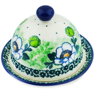 Polish Pottery Butter Dish 4&quot; Green Flora