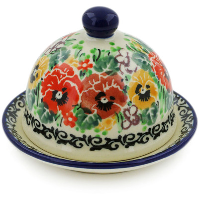 Polish Pottery Butter Dish 4&quot; Pansy Garden UNIKAT