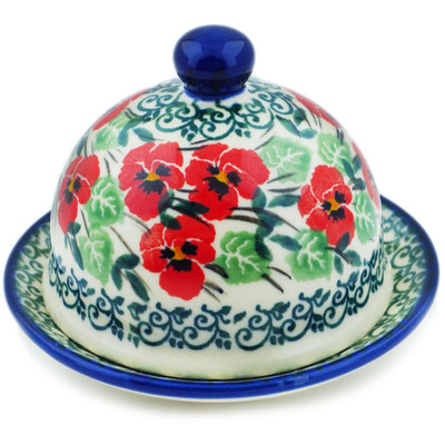 Polish Pottery Butter Dish 4&quot; Red Pansy