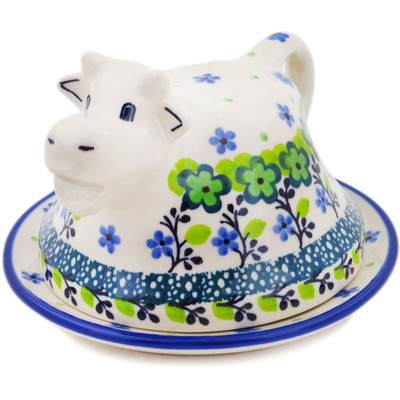 Polish Pottery Butter Dish 5&quot; Green Chrysanthemums UNIKAT