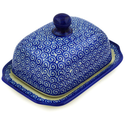 Polish Pottery Butter Dish 6&quot; Baltic Blue