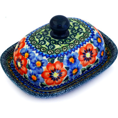 Polish Pottery Butter Dish 6&quot; Blue And Red Poppies UNIKAT